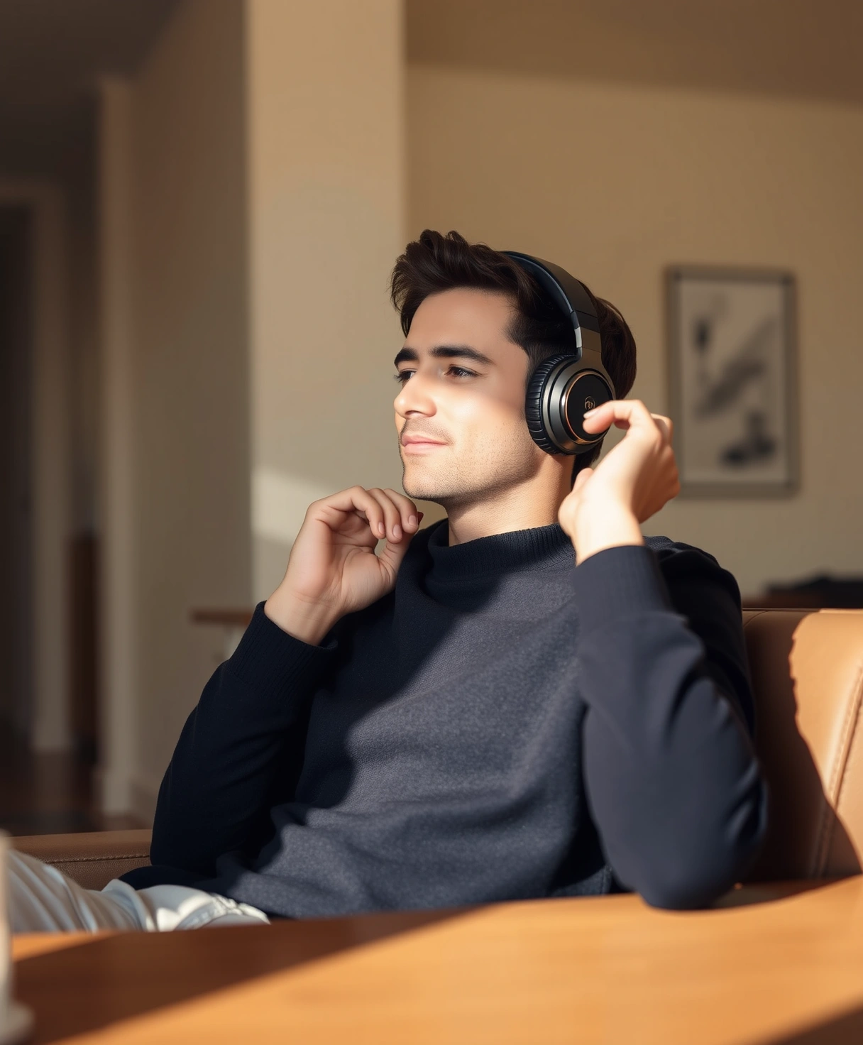 Person experiencing Aura One headphones in a serene modern environment